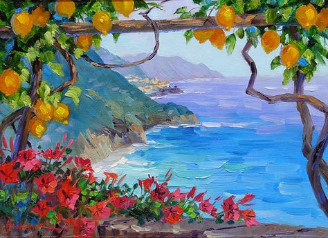 Amalfi Lemons, Mikki Senkarik, Greece Painting, Italian Paintings, Italy Painting, Easy Canvas Painting, Italy Art, Wow Art, Beginner Painting