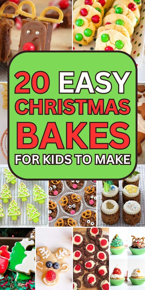 Easy Christmas bakes for kids to make text overlay over images of easy to make baked items for Christmas Christmas Baking Day With Kids, Kid Friendly Holiday Baking, Toddler Christmas Recipes, Easy Holiday Recipes For Kids, Holiday Food Activities For Kids, Christmas Recipes For Kids To Make, Christmas Food To Make With Kids, Christmas Candy Treats For Kids, Christmas Desserts With Kids