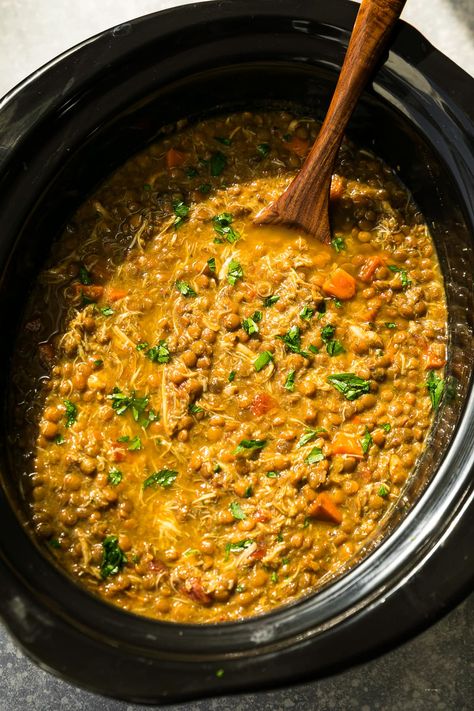 This healthy Slow Cooker Chicken and Lentil Soup is an easy slow cooker dump recipe. There’s no need to sauté anything, and it tastes delicious! #souprecipes #dinnerideas #lentils #crockpot #slowcooker #chicken #highfiberrecipes #healthyeating Chicken And Lentil Soup, Slow Cooker Dump, Chicken Lentil Soup, Slow Cooker Lentil Soup, Vegetarian Lentil Soup, Chicken Lentil, Slow Cooker Chicken Healthy, Slow Cooker Lentils, Easy Slow Cooker Chicken