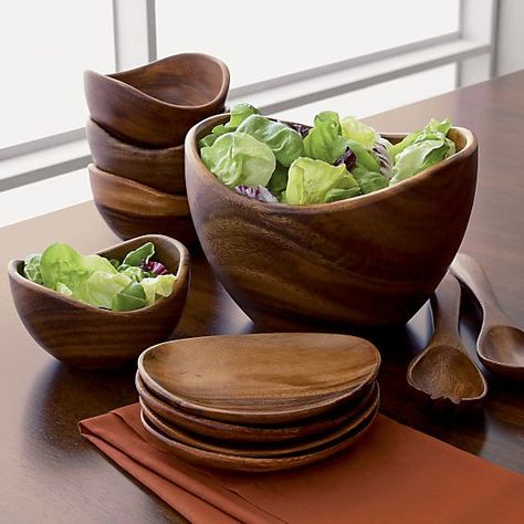 3-Piece Acacia 10" Salad Bowl and Acacia 12" Salad Servers Set in Serving Bowls | Crate and Barrel Wooden Bowls And Plates, Wood Plates And Bowls, Wooden Plates And Bowls Set, Wooden Dinnerware, Wooden Plates And Bowls, Wood Plates, Wood Dishes, Wooden Dishes, Wooden Kitchen Utensils