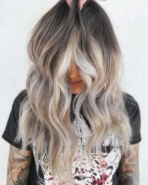 Dirty Blonde Root Fade with White Money Piece White Money Piece, Dark Roots Ash Blonde Hair Balayage, Root Fade, Light Brown Hair Balayage, Ash Blonde Hair Dye, Ashy Balayage, Ash Blonde Hair Balayage, Icy Blonde Balayage, Cool Ash Blonde