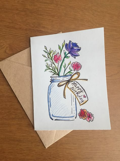 Cute Birthday Card Drawing Ideas, Gift Card Drawing Ideas, Birthday Card Designs Handmade Drawing, Cards Handmade Drawing, Colored Pencil Card Ideas, Colored Pencil Cards, Diy Watercolor Birthday Card Ideas, Flower Card Drawing, Birthday Cards Diy Colored Pencil