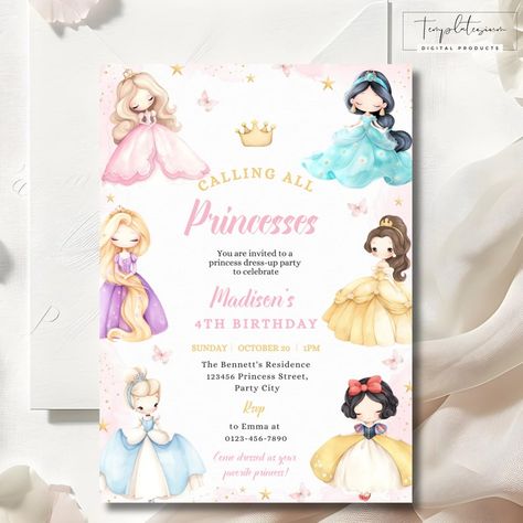 Editable Princess Birthday Invitation Girl Birthday Custom Princess Digital Download Costume Party Princess Theme Magical Princess Invite - Etsy Australia 3rd Party Themes, Baby Disney Princess Birthday Party, Disney Princess First Birthday, Princess Birthday Invite, Princess Invite, Princess Party Ideas, Disney Princess Invitations, Princess Party Invitations, Magical Princess