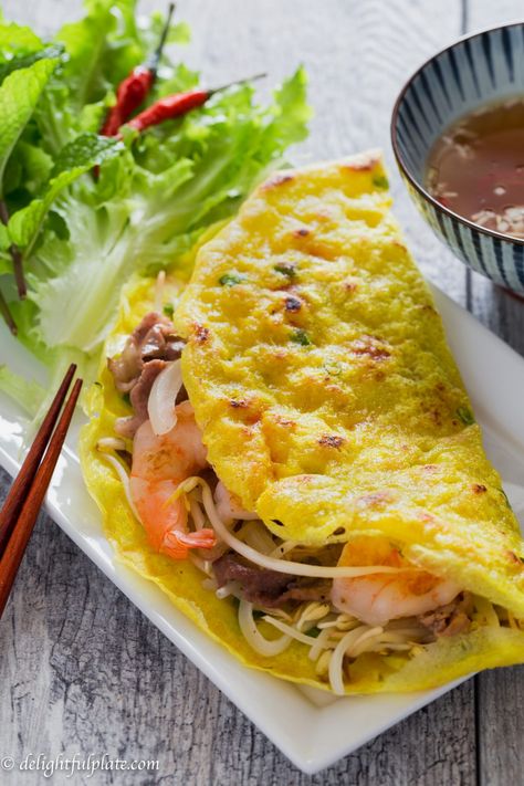 Vietnamese Crepe (Banh Xeo) - Fish Dipping Sauce, Vietnamese Crepes, Asian Steak, Asian Steak Bites, Banh Xeo, Savory Crepes, Vietnamese Cuisine, Crepe Recipes, Vietnamese Recipes