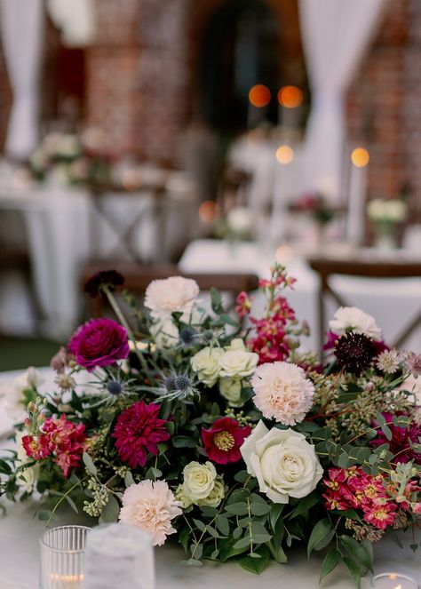 Bluegrass Chic | Plum Berry Burgundy Wedding Floral Casa Feliz Tent Reception Short Centerpiece Berry Wedding Flowers, Burgundy Wedding Floral, Berry Tones, Berry Wedding, Clear Tent, Candy Bar Wedding, Winter Park Florida, White Drapes, Tent Reception