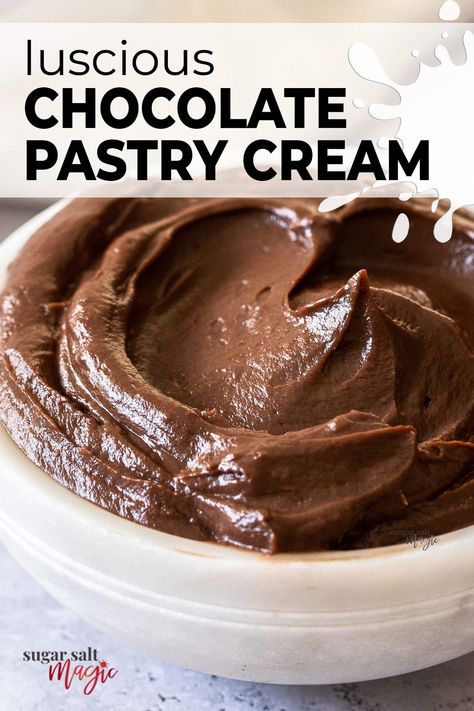 Chocolate pastry cream, aka chocolate crème patissiere is a rich and creamy chocolate filling perfect for pastries and cakes. With a rich chocolate flavour, this pastry cream recipe is also quick and easy to make. Chocolate Pastry Cream, Cream Filling Recipe, Choux Buns, Pastry Cream Recipe, Eclair Recipe, Hot Chocolate Milk, Cake Filling Recipes, Chocolate Custard, Chocolate Creme