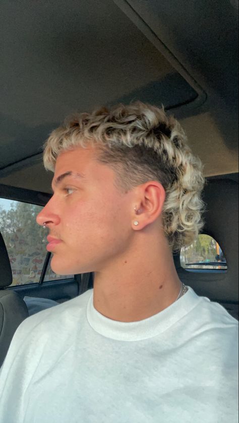 Natural Dyed Blonde Hair, Mullet With Highlights Men, Ash Blonde Hair For Men, Men With Platinum Hair, Bleach Hair Guys, Bleach Curly Hair Men, Mullet With Blonde Highlights, Mullet Highlights, Blonde Tips On Brown Hair Men