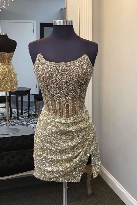 Strapless Golden Beaded Sequin Bodycon Short Homecoming Dress Golden Dress Short, Sweet 16 Dresses Short, Bodycon Short Dress, Homecoming Dresses Short Tight, Winter Formal Dresses, Golden Dress, Tulle Homecoming Dress, Junior Prom Dresses, Short Bodycon Dress