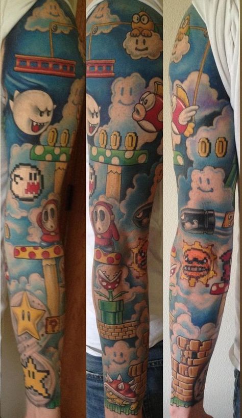 Mario Tattoo Sleeve, Nintendo Sleeve Tattoo, Mario Tatoos, Super Mario Tattoos, Nintendo Tattoos, Super Mario Tattoo, Tattoos Cartoon, Nintendo Tattoo, Mario Tattoo