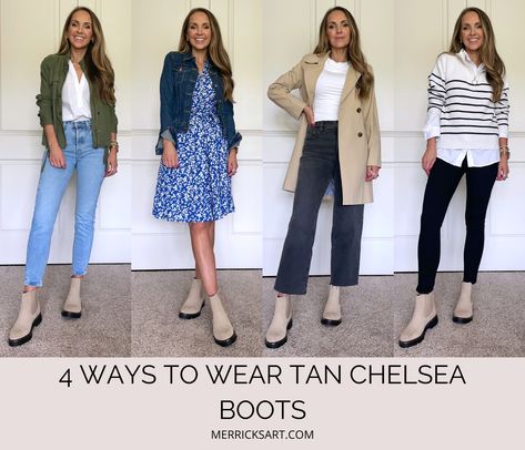 How to Wear Tan Chelsea Boots - Merrick's Art Light Colored Chelsea Boots Outfit, How To Style Tan Boots, Spring Chelsea Boot Outfit, Style Brown Chelsea Boots Women, Styling Tan Chelsea Boots Women, Trendy Brown Chelsea Boots For Winter, Fitted Brown Chelsea Boots For Work, Light Tan Boots Outfit, Chic Brown Chelsea Boots For Winter