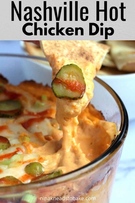 Spice up your gatherings with Nashville Hot Chicken Dip! Creamy and flavourful, this cheesy chicken dip combines the zing of hot sauce and honey, with the richness of cream cheese. Topped with pickles, onions, and drizzled with more hot sauce, it’s the ultimate crowd-pleaser. Nashville Hot Chicken Dip, Spicy Dip Recipes, Spicy Chicken Dip, Hot Chicken Dip, Pickles Onions, Breaded Chicken Tenders, Chicken Dip Recipe, Spicy Dip, Nashville Hot Chicken