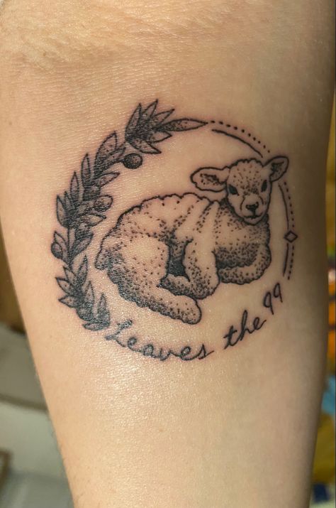 Tattoo lamb olive branch dotwork black and gray Christian tattoos Shepherds Staff Tattoo, Lamb Tatoos, The Lord Is My Shepherd Tattoo, Lamb Tattoo For Women, Lost Sheep Tattoo, Lamb Tattoo Christian, Lion And Lamb Tattoo, Seed Tattoo, Lamb Tattoo