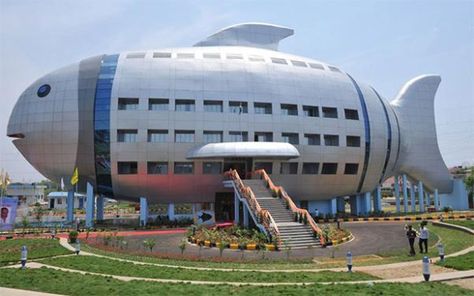 Fish-shaped Building Inaugurated in Hyderabad, India via Mental Flowers: Designed by the National Fisheries Development Board. Image by Noah Seelam. Crazy Houses, Unusual Buildings, Unusual Homes, Interesting Buildings, Amazing Buildings, Unique Buildings, Unique Houses, Development Board, Pictures Of The Week