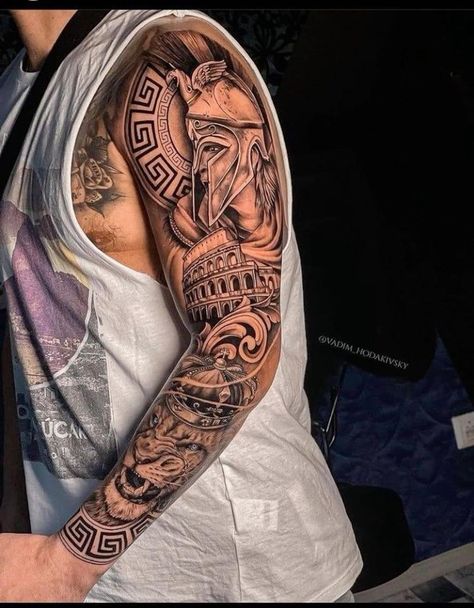 Spartan Tattoos, Mens Full Sleeve Tattoo, Tattoo Homme, Roman Tattoo, Gladiator Tattoo, Spartan Tattoo, Lion Tattoo Sleeves, Full Arm Tattoos, Mens Shoulder Tattoo