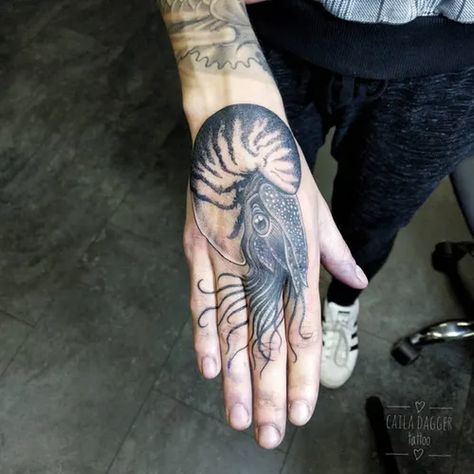 Tattoo uploaded by Tattoodo • Best Tattoodo App tattoo by Caila Dagger #CailaDagger #TattoodoApp #TattoodoApptattooartist #tattooartist #tattooart #tattooidea #inspiringtattoo #besttattoo #illustrative #hand #Mollusk #nautilus • 1140151 • Tattoodo Mollusk Tattoo, Nautilus Tattoo, Fish Tattoo, Sea Inspired, Sea Creature, Sealife, Body Tattoos, Nautilus, Inspirational Tattoos