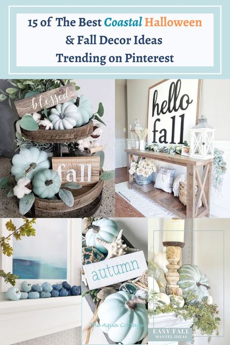 #fall #halloween #beach #decor #coastal #aqua #home Teal Fall Decor, Coastal Fall Decor Ideas, Coastal Halloween, Blue Fall Decor, Fall Tray, Decorating For Fall, Coastal Fall, Coastal Farmhouse Decor, Fall Beach