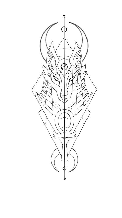 Geometric Egyptian Tattoo Design, Anubis Fineline Tattoo, Anubis Tattoo Stencil, Ankh Tattoo Design, Tattoo Anubis, Beautiful Spine Tattoos, Maching Tattoos, Abstract Tattoo Ideas, Spine Tattoo Ideas