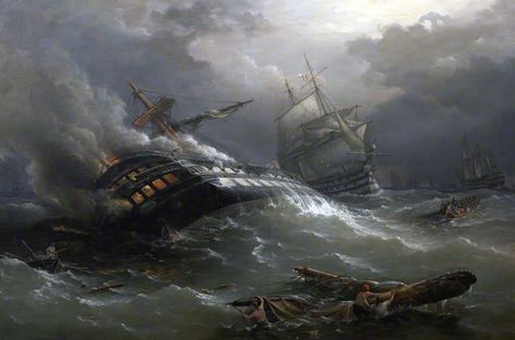 Destruction of the French ship Achille at the end of the Battle of Trafalgar on 21st October 1805 during the Napoleonic Wars: picture by Richard Brydges Beechey Battle Of Trafalgar Paintings, Napoleon Painting, Battle Of Trafalgar, Marine Painter, Sinking Ship, Maritime Painting, Marine Artist, Sea Battle, Ship Of The Line