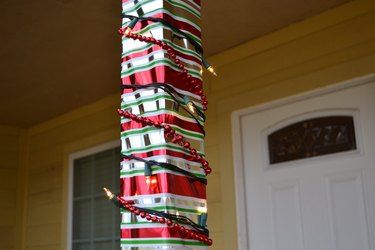 Decorating Columns For Christmas, Christmas Columns Outdoor, Wrapping Porch Columns, Porch Column Wraps, Pillar Decorations, Columns Decor, Column Decoration, Hanging Christmas Lights, Christmas Lamp