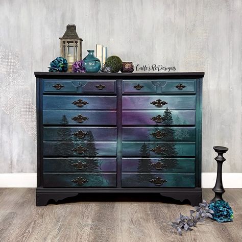 Purple Dresser, Hand Painted Dressers, Northern Lights Painting, Purple Bedrooms, Diy Dresser, Diy Furniture Renovation, Furniture Rehab, Bedroom Dresser, Painted Dresser