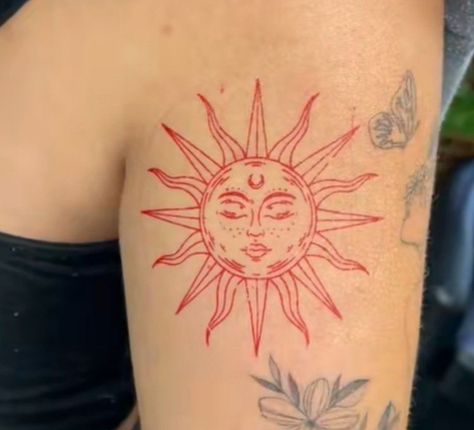 Girly Sun Tattoo, Red Ink Sun Tattoo, Mexican Sun Tattoo, Sun Knee Tattoo, Daydreaming Tattoo, Hippie Sun Tattoo, Boho Sun Tattoo, 70s Inspired Tattoos, Hippy Tatoos Free Spirit