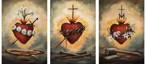 Symbolism Art, Catholic Tattoos, Sacred Heart Art, Catholic Wallpaper, Catholic Pictures, Catholic Decor, Jesus Mary And Joseph, 3 Hearts, Christian Images