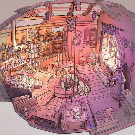 Celestial Library, Witch's Cauldron, Thinking Process, Witch Room, Arte Do Kawaii, Fantasy Rooms, Isometric Art, Building Art, Fantasy House