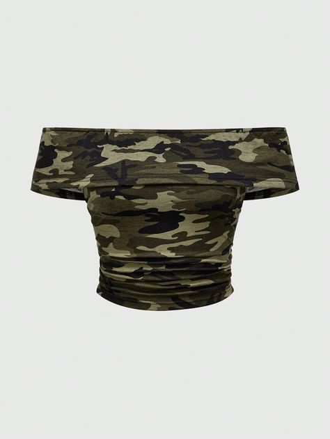 ROMWE Camouflage Printed One-Shoulder Pleated Summer Casual Vacation Women's T-ShirtI discovered amazing products on SHEIN.com, come check them out! Wag Dr, Camo Crop Top, Camouflage Outfits, Fashion Moodboard, Camo Top, Lace Cami Top, Y2k Outfits, Crop Top Outfits, Mood Board Fashion