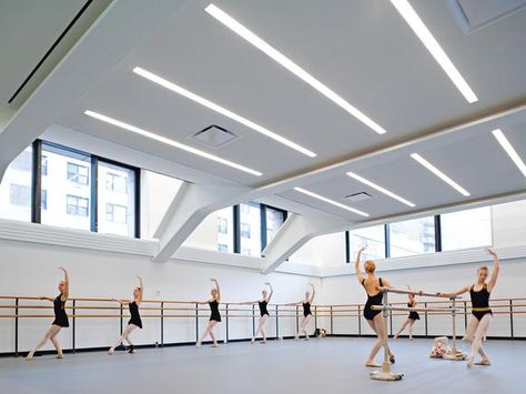 School of American Ballet Ballet Classroom, Dancing Room, School Of American Ballet, Dance Studio Design, Dance Studio Decor, Sustainable Lighting, Yoga Studio Design, Ballet Studio, New York City Ballet