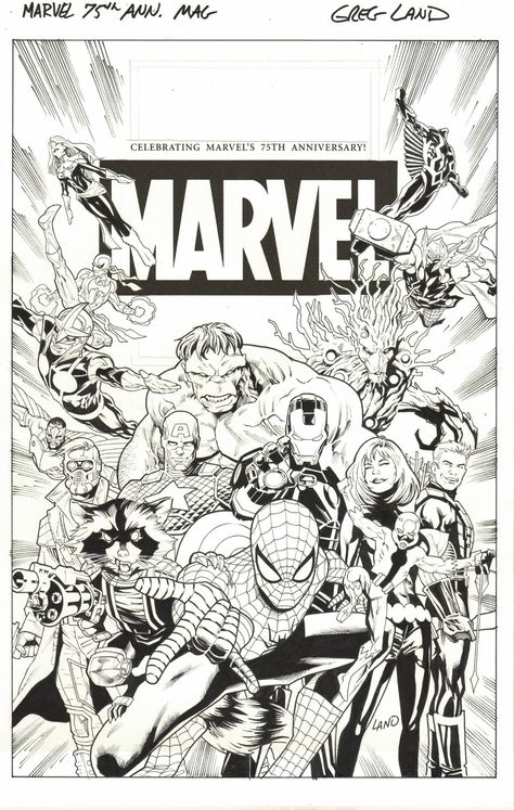 MARVEL 75TH ANNIVERSARY MAGAZINE COVER ( 2014, GREG LAND ) Spider-Man, Captain America, Iron Man, Hulk, Thor, Ant-Man, Star-Lord, Rocket, Groot, Black Widow, Hawkeye, Falcon, Nova, Iron Fist, Captain Marvel (Carol Danvers) and Black Bolt! Comic Art Coolest Posters, Marvel Black And White, Sketch Marvel, Rocket Groot, Mcu Comics, Spiderman Noir, Anniversary Magazine, Avengers Tattoo, Avengers Poster