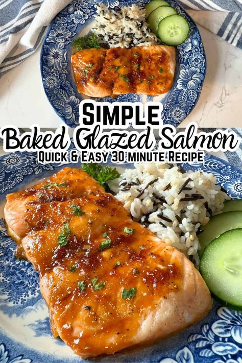 This quick and easy recipe makes the most delicious baked glazed salmon! It's healthy, tasty and so easy to make! A sweet and spicy glaze covers each filet and goes perfectly with the flavor of salmon! #glazedsalmon #easydinner Salmon Glaze Recipes Healthy, Bake Salmon Recipes, Salmon Fillet Recipes Baked, Salmon Filet Recipes, Easy Salmon Recipes Baked, Glazed Salmon Recipes, Oven Baked Salmon In Foil, Baked Salmon Healthy, Salmon Filet Recipe