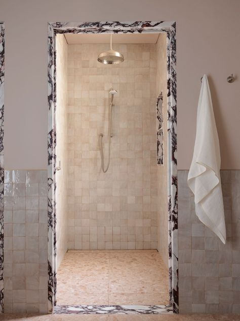 Moroccan Wall Tiles, White Moroccan Tile, Arent Pyke, Shower Alcove, Wet Room Flooring, Victorian Terraced House, Terrazzo Floors, Moroccan Wall, Yellow Tile