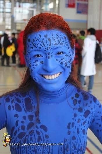 My Homemade Mystique Costume Xmen Costumes, Red Hair Spray, Mystique Costume, Geek Costume, Blue Body Suit, Comic Book Costumes, Blue Face Paint, Black Face Paint, Diy Halloween Costume