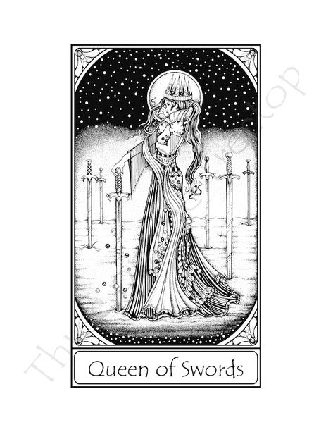 Queen Of Swords, Tarot Card Art, Tarot Tattoo, Swords Tarot, Tarot Cards Art, Witch Books, Print Illustration, Tarot Art, Tarot Card