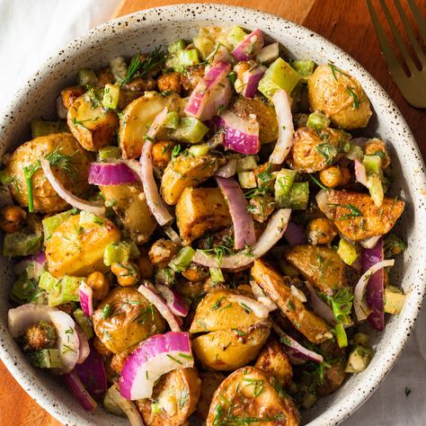 Vegan Roasted Potato Chickpea Salad with Dill (no mayo) - Avocado Skillet Chickpea Potato Salad, Chickpea And Potato Recipes, Chickpea And Potato, Avocado Skillet, Chickpea Potato, Roasted Chickpea Salad, Salad With Dill, Potato Chickpea, Plant Based Food