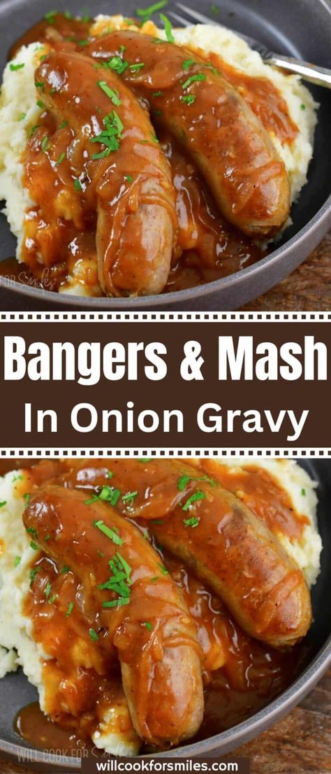 Sausage And Mash Recipe, Italian Sausage And Mashed Potatoes, Bangers And Mash Recipe, Brats Recipes, Sausage And Mash, Bratwurst Recipes, Sausage Dinner, Potato Gravy, German Foods