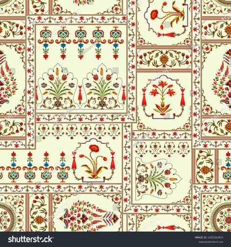 Seamless Mughal Floral Ethnic Paisley Pattern Stock Illustration 2201563825 | Shutterstock Ajrakh Design, Mughal Prints, Mughal Design, Mughal Pattern, Mughal Art Paintings, Kurta Patterns, Ajrakh Prints, Spider Art, Couture Embroidery