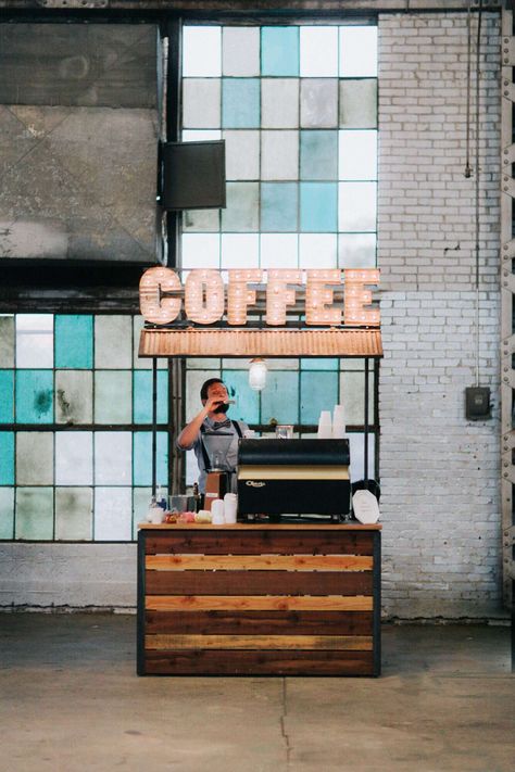 coffee wedding ideas lighted sign coffee cart Brooklyn Coffee Shop, Coffee Booth, Mobile Coffee Cart, Coffee Bar Wedding, Gerobak Dorong, Hipster Coffee, Mobile Coffee Shop, Coffee Trailer, Bar Stand