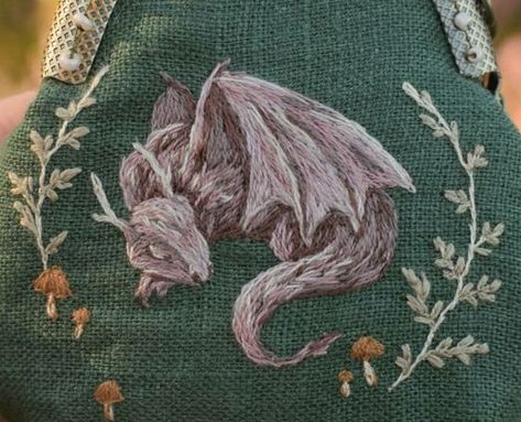 Chest Embroidery Design, Fairytale Embroidery, Edgy Embroidery, Fantasy Embroidery, Books Embroidery, Cottagecore Embroidery, Whimsical Embroidery, Embroidery Books, Embroidered Dragon