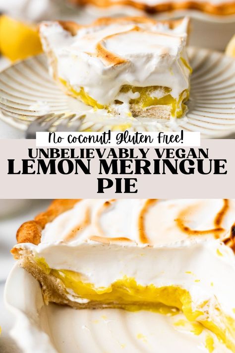 Vegan Lemon Meringue Pie (Gluten Free) | The Banana Diaries Vegan Lemon Meringue Pie, Vegan Lemon Meringue, Sugar Free Vegan Desserts, Banana Diaries, Gluten Free Vegan Recipes Desserts, Vegan Dessert Bars, Vegan Pies Recipes, Vegan Lemon Curd, Vegan Meringue