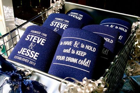 Favor Display Ideas, Wedding Favor Display, Diy Wedding Favor, Fun Wedding Favors, Favor Display, Koozie Wedding Favors, Custom Koozies Wedding, Church Picnic, Wedding Koozies