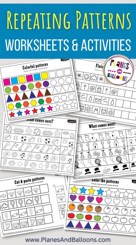 Free printable patterns worksheets for preschool, kindergarten, and grade 1 students. Grab these math pattern worksheets today to add to your pattern lesson plan. Make making patterns fun! Patterns Worksheets For Preschool, Complete The Pattern Worksheet, Kindergarten Math Patterns, Math Patterns Activities, Preschoolers Worksheets, Preschool Pattern Worksheets, Number Patterns Worksheets, Pattern Lesson, Pattern Worksheets For Kindergarten