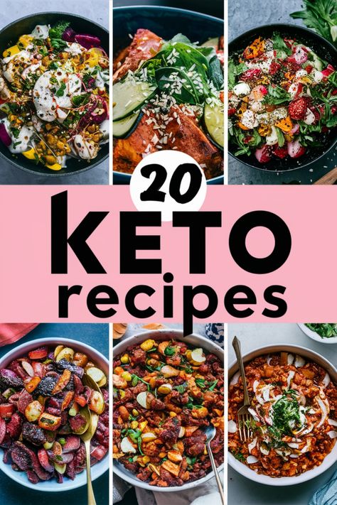 20 keto recipes displayed with vibrant dishes, including various meats, vegetables, and garnishes. Keto Ish Meals, Quick Easy Keto Meals, Keto Meal Ideas, Keto Dishes, Bacon Wrapped Asparagus, Cheeseburger Casserole, Cheesy Cauliflower, Broccoli Stir Fry, Tasty Meals