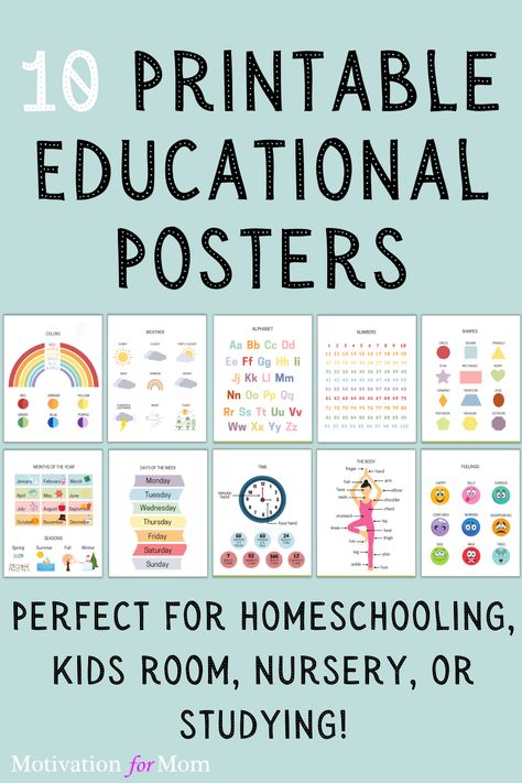 These printable educational posters are the perfect wall art for a homeschool room, montessori room, kids playroom or bedroom, or nursery. They are great for kids of all ages, from babies, to toddlers, to preschool age, to kindergarten, and grade school kids. These prints are great for helping kids learn their alphabet, counting, colors, weather, emotions, days of the week, months of the year, telling time, and so much more. Printable Educational Posters, Toddler Sleep Schedule, Mom Challenge, Potty Training Boys, Montessori Room, Homeschool Room, Potty Training Tips, Preschool Age, Mom Tips