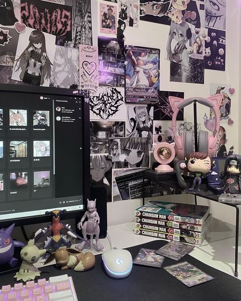 Gamer Aesthetic Room, Pink And Black Gaming Setup, Black And Pink Gaming Setup, Otaku Room Decor, Gamer Room Aesthetic, Goth Gaming Setup, Pink And Black Room Aesthetic, Cyberpunk Room Ideas, Kawaii Gaming Room