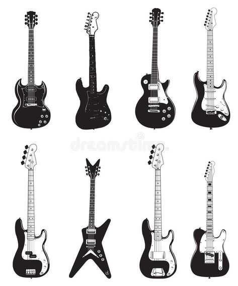 Set of guitar silhouettes black color isolated on white - Electric Guitars and Logo for Music store. Heavy rock electric guitars outline musical instruments vector illustration Guitar Patchwork Tattoo, Electric Guitar Silhouette, Electric Guitar Shapes, Electric Guitar Tattoo Ideas, Electric Guitar Tattoo Design, Electric Guitar Doodle, Electric Guitar Drawing Sketches, Rock Music Drawing, Electric Guitar Tattoo