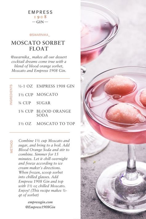 Sorbet Float, Empress 1908 Gin, Craft Cocktail Recipe, Orange Sorbet, Boozy Drinks, Cocktail Desserts, Cocktail Drinks Recipes, Summer Cocktail, Moscato