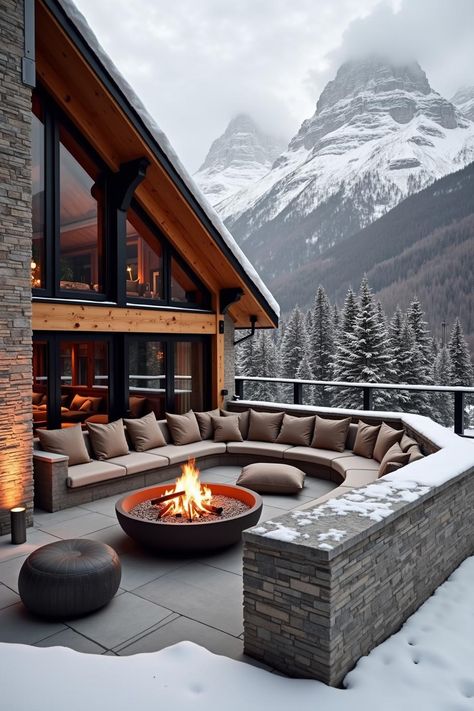 A cozy cabin with a fire pit overlooking snowy mountains. Transform chilly winter blues into warm, snug vibrance with cabins that embrace you like a hot chocolate hug, offering ideas galore for your own slice of snowy paradise. Aspen Cabin, Cozy Mountain Home, Winter Cabins, Snowy Escape, Chalet House, Cozy Winter Cabin, Winter Lodge, Como Lake, Mountain Vacations