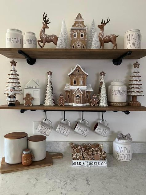 Tiered Shelf Christmas Decor, Gingerbread Coffee Bar Decor, Corner Kitchen Cabinet Decor, Coffe Bar Christmas Decoration, Kitchen Christmas Shelf Decor, Christmas Styled Bookshelves, Home Bar Christmas Decor Ideas, Kirklands Home Decor Christmas, Christmas Home Decor Kitchen