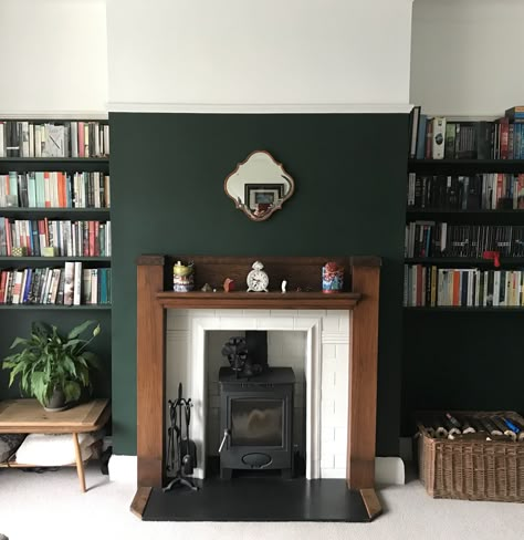 Latest version of our 1930s fireplace, room now painted dark green (Valspar paint in Dragon Song), with Aarow ecoburn stove. 1930s Living Room, Green Walls Living Room, Dark Green Living Room, Green Living Room, Green Lounge, Hague Blue, Victorian Living Room, Dark Living Rooms, Living Room Color Schemes